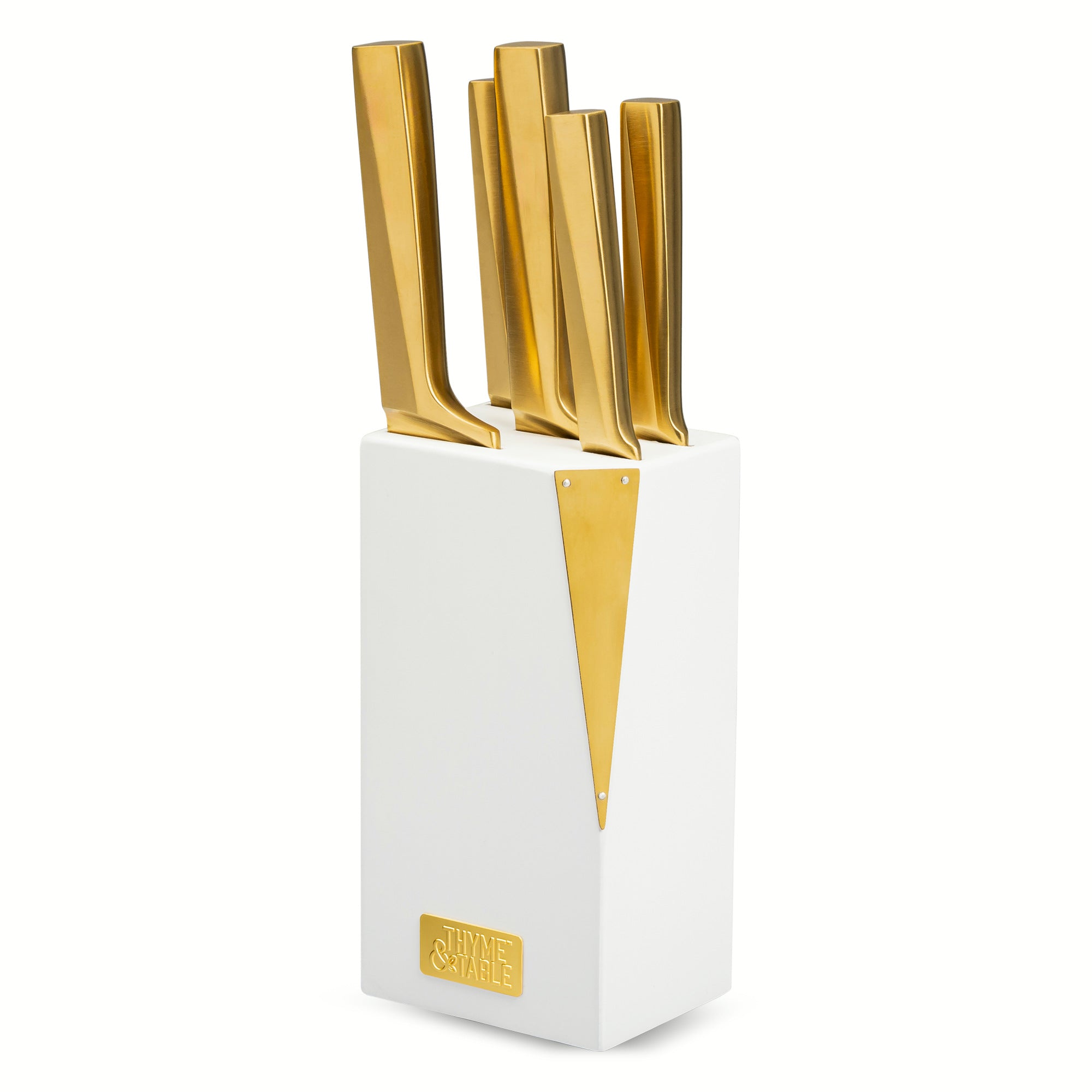 6-Piece Slim Acacia Knife Block Set with Gold Blades and White