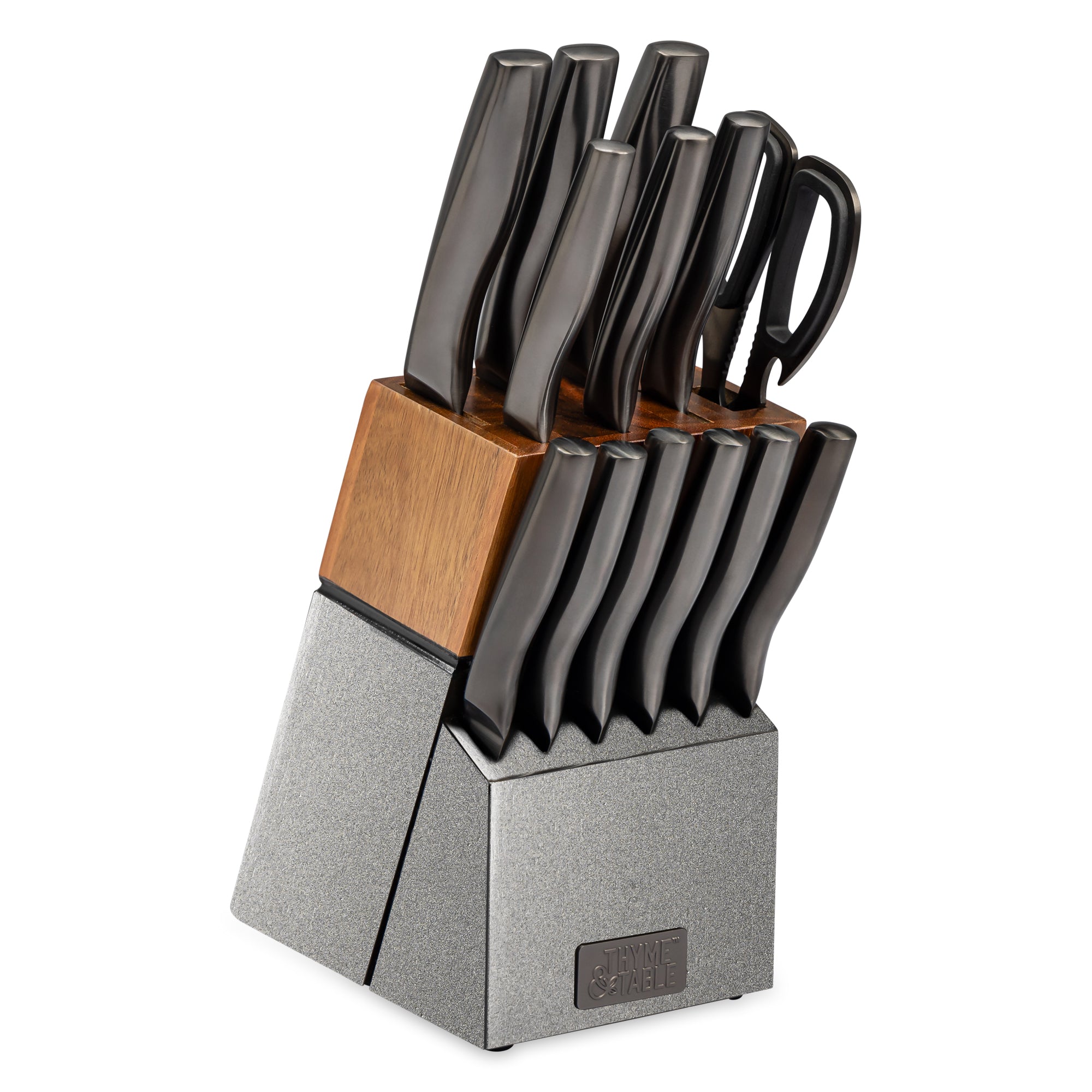 15-Piece Gunmetal Knife Block Set with Knife Sharpener – Thyme&Table