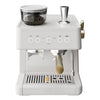 White espresso machine with a clear container on top, featuring various control knobs and a steam wand.