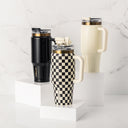 Thyme & Table 32 fl oz Stainless Steel Luna Tumbler with Handle and Dual Straw Lid, Cream & Black Check