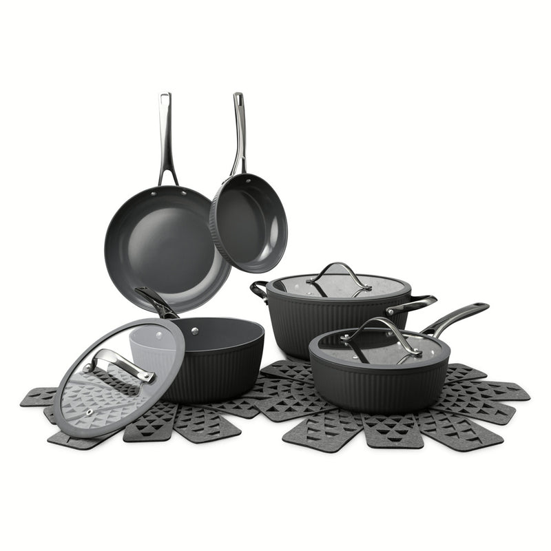 12-Piece Cookware Ceramic Non-Stick Set Ribbed Collection, Grey
