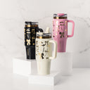 Thyme & Table 32 fl oz Stainless Steel Luna Tumbler with Handle and Dual Straw Lid, Pink & Gold Bows