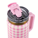 Thyme & Table 32 fl oz Stainless Steel Luna Tumbler with Handle and Dual Straw Lid, Pink Gingham