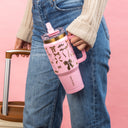 Thyme & Table 32 fl oz Stainless Steel Luna Tumbler with Handle and Dual Straw Lid, Pink & Gold Bows