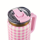 Thyme & Table 32 fl oz Stainless Steel Luna Tumbler with Handle and Dual Straw Lid, Pink Gingham