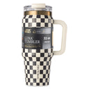 Thyme & Table 32 fl oz Stainless Steel Luna Tumbler with Handle and Dual Straw Lid, Cream & Black Check