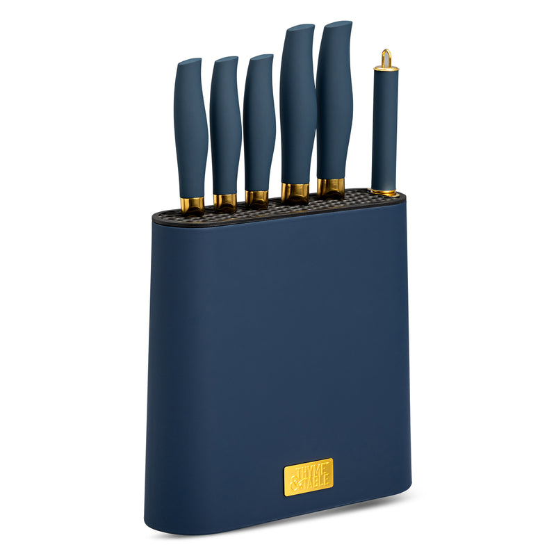 7-Piece Slim Block Knife Set with Gold Blades and Blue Block