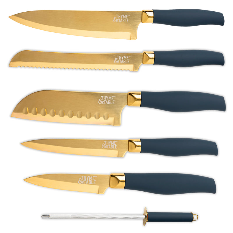 7-Piece Slim Block Knife Set with Gold Blades and Blue Block