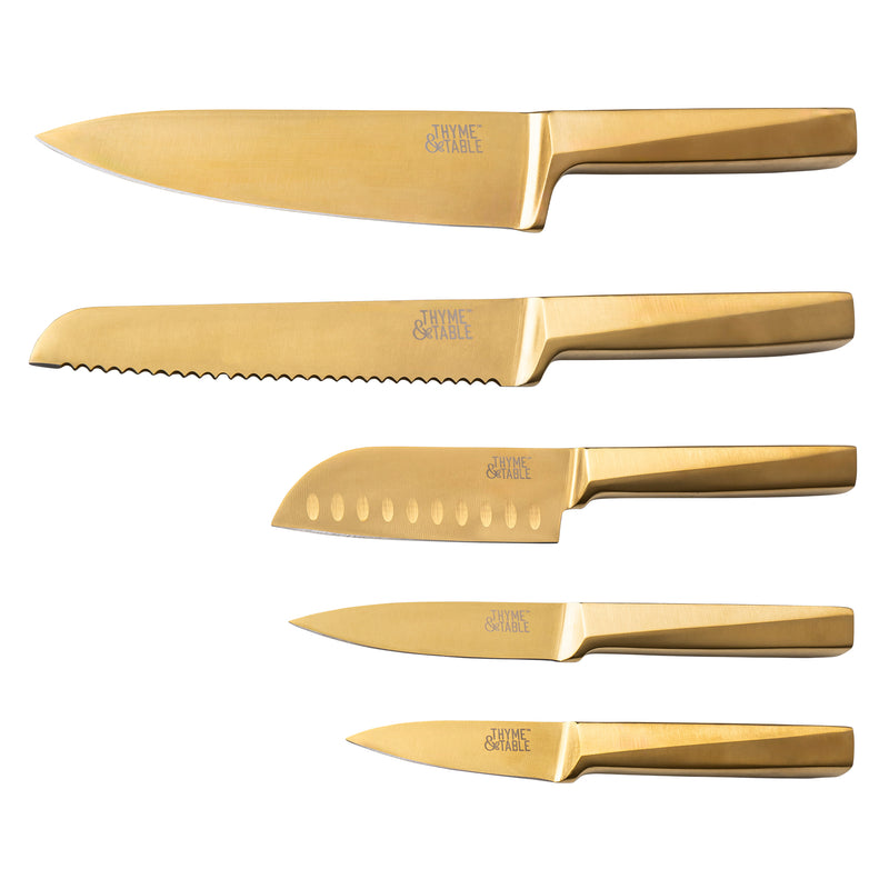 6-Piece Slim Acacia Knife Block Set with Gold Blades and White Accent Block