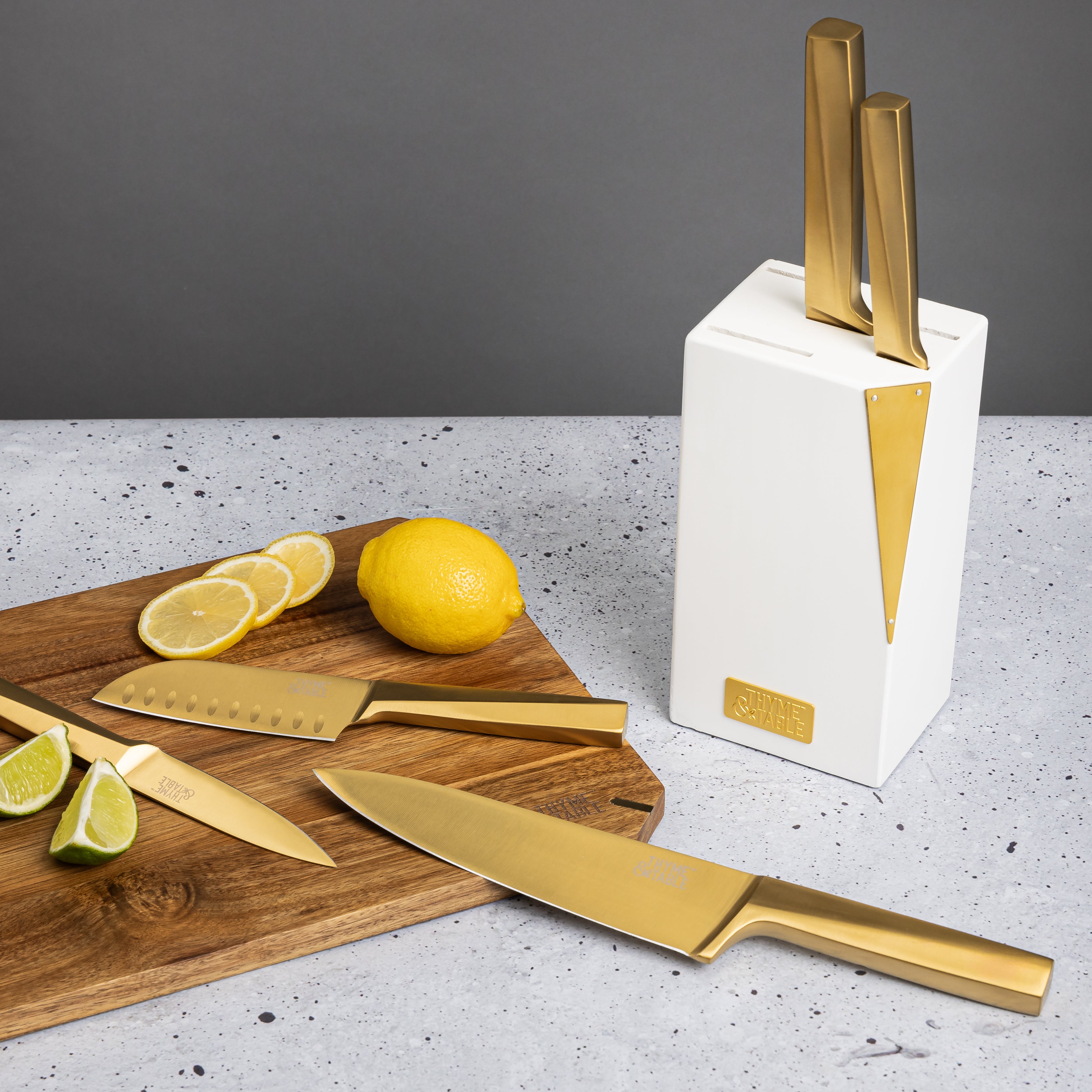 6-Piece Slim Acacia Knife Block Set with Gold Blades and White