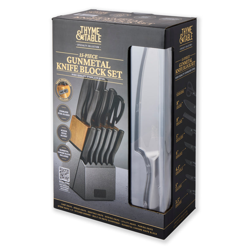 15-Piece Gunmetal Knife Block Set with Knife Sharpener