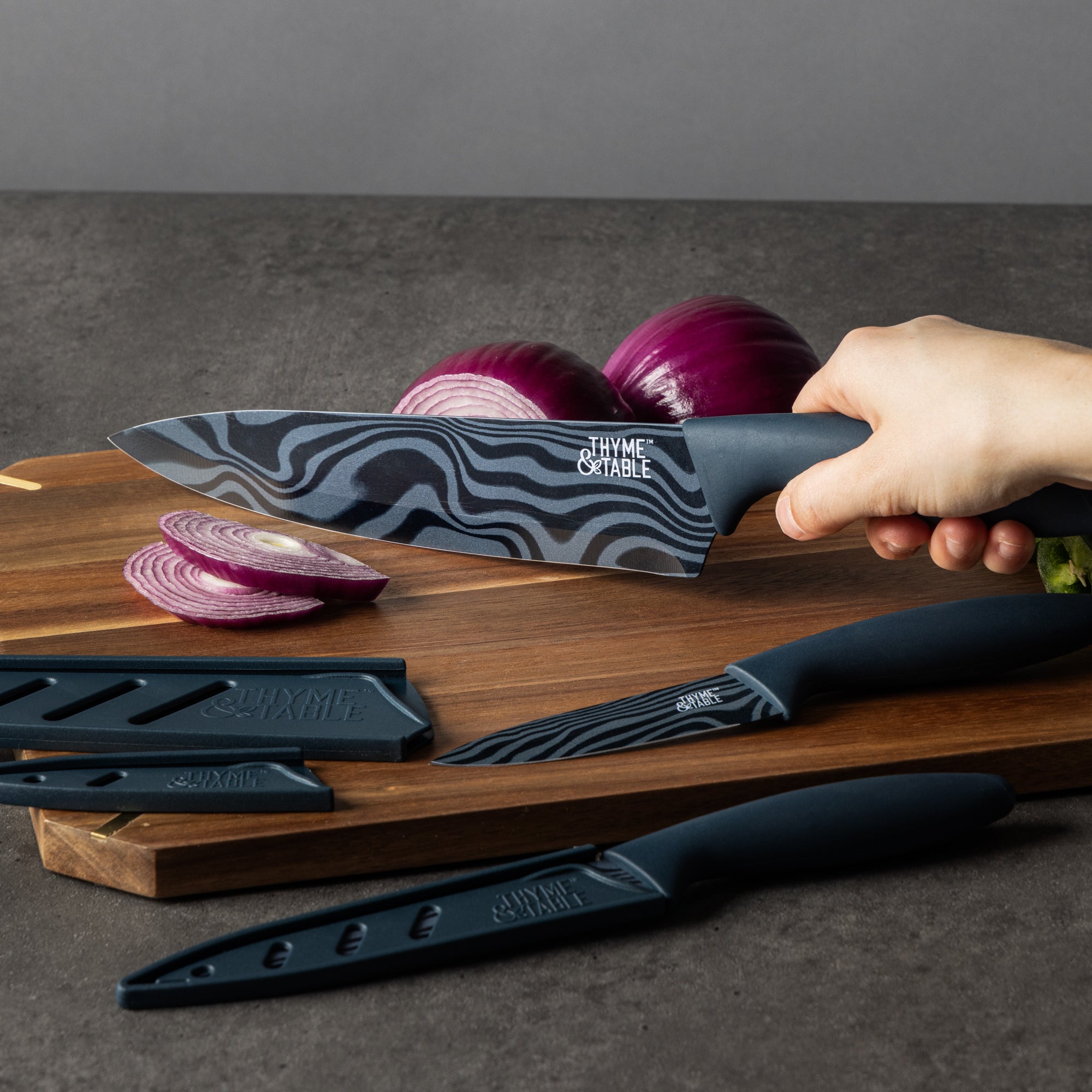 3-Piece Stainless Steel Blue Swirl Knife Set with Protective