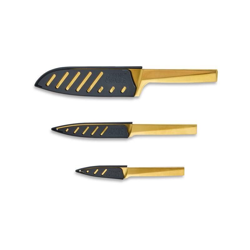 3-Piece Gold Knife Set with Protective Sheaths