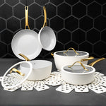 12-Piece Ceramic Non-Stick Ribbed Cookware Set, White & Gold