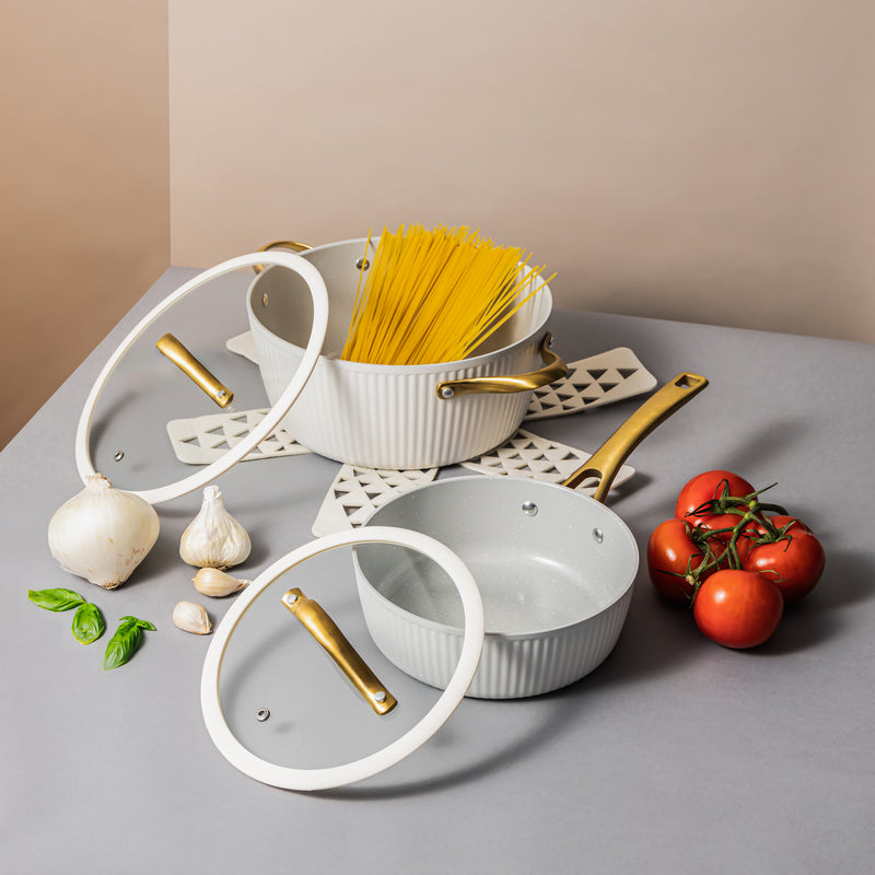 12-Piece Ceramic Non-Stick Ribbed Cookware Set, White & Gold