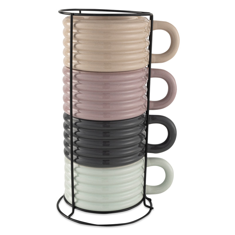 4-piece Ceramic Ribbed Stackable Mug Set with Rack, 12 fl oz