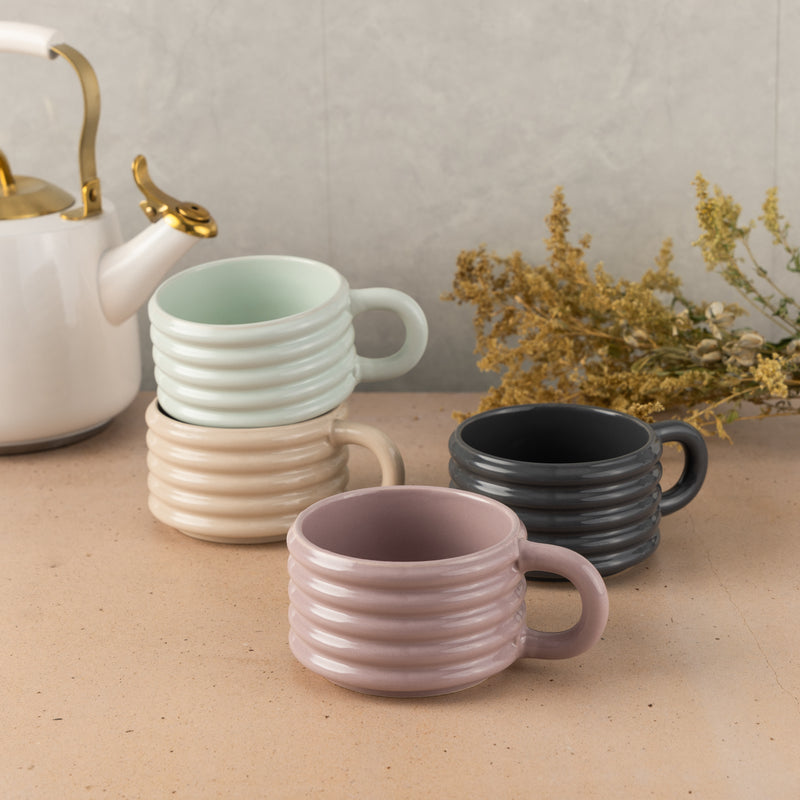 4-piece Ceramic Ribbed Stackable Mug Set with Rack, 12 fl oz