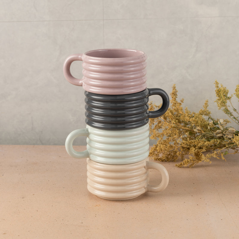 4-piece Ceramic Ribbed Stackable Mug Set with Rack, 12 fl oz