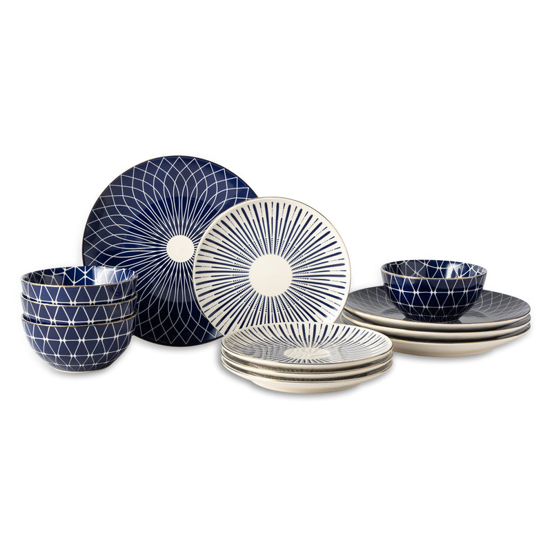 Blue and White Calypso Collection, 12-Piece Stoneware Dinnerware Set