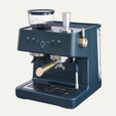 Blue espresso machine with gold accents on a white background
