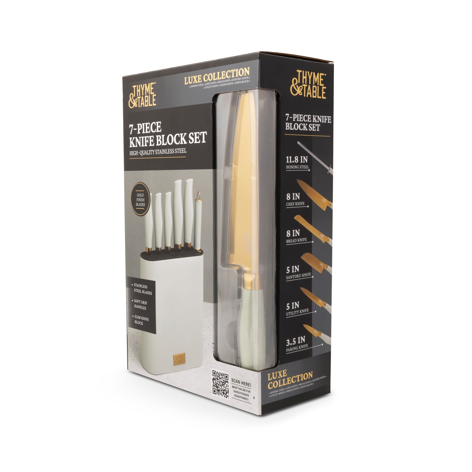 Thyme & Table 7-Piece Slim Block Knife Set with Gold Blades, Mint