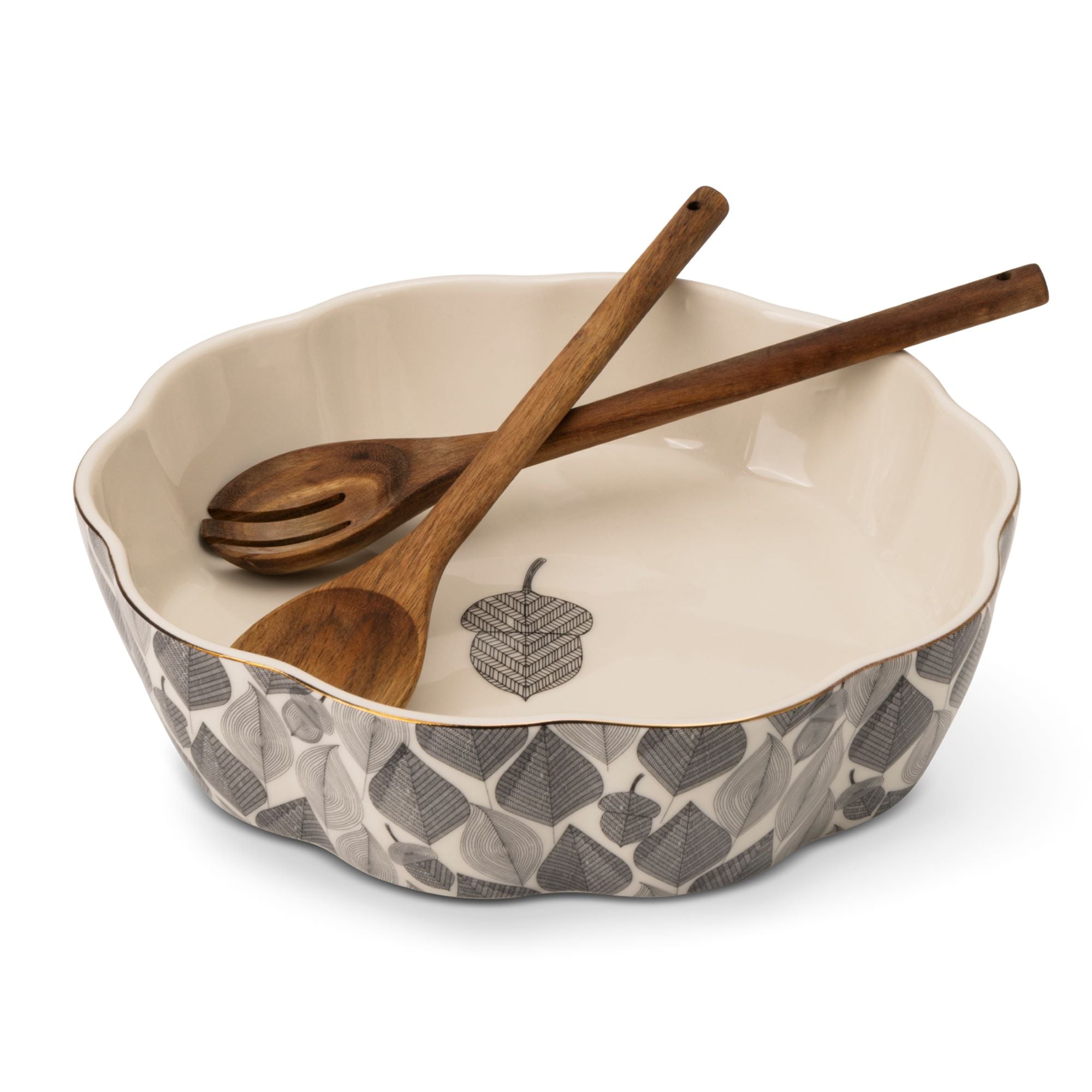 3-Piece Serving Bowl with Wooden Serving Spoon and Fork - Thumbnail 2