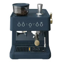 Blue espresso machine with a clear container of coffee beans on a white background