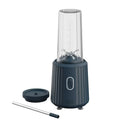 Black portable blender with clear lid and additional components on a white background