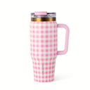 Thyme & Table 32 fl oz Stainless Steel Luna Tumbler with Handle and Dual Straw Lid, Pink Gingham