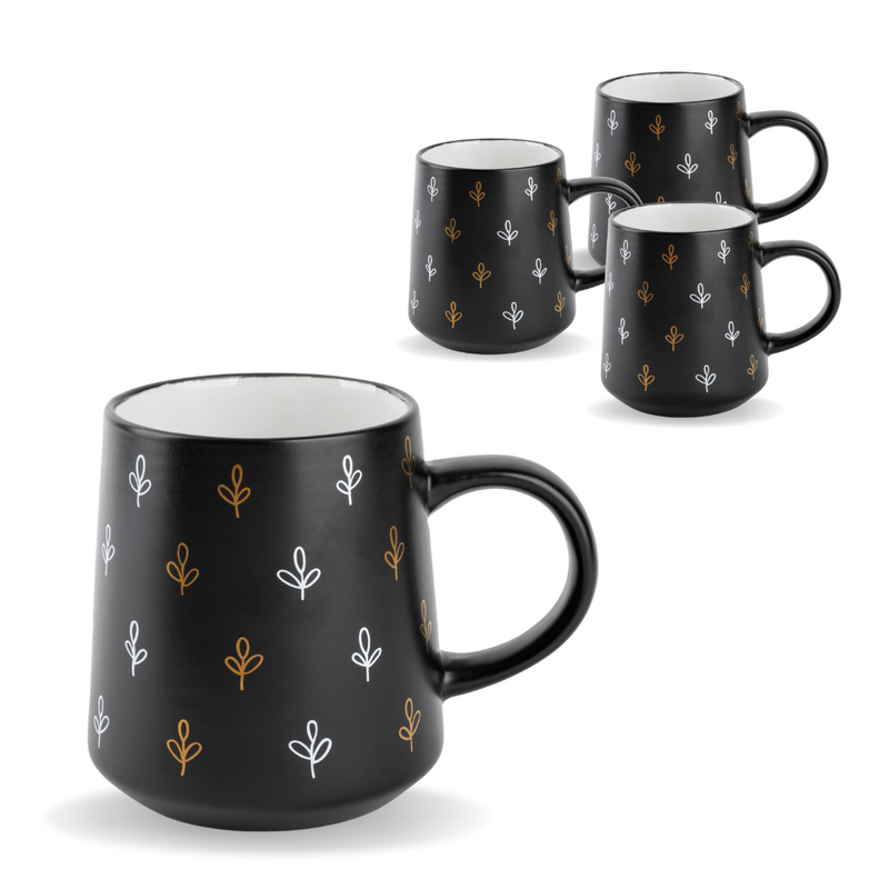 Black & Gold Leaf Ceramic Mug, Set of 4