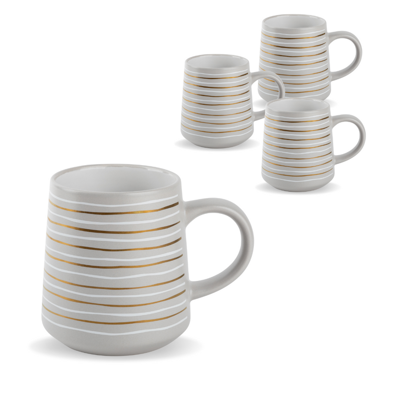 White & Gold Stripe Ceramic Mug, Set of 4